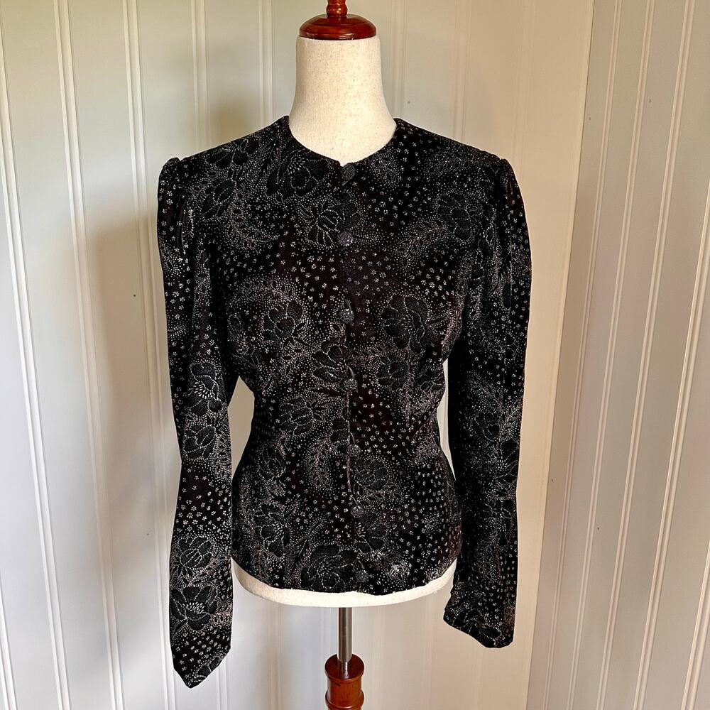 Vintage 90s Boho Black Velvet Floral Cardigan S/M